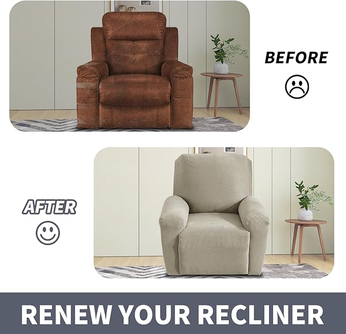 JIVINER Oversized Recliner Chair Covers, 3 Piece Slipcovers for Large Recliner Chair Soft Jacquard Reclining Chair Protector Slipcovers for Dogs,Cats (X-Large, Khaki)