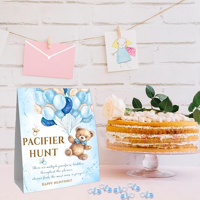 Winnie Pacifier Hunt Sign, Mini Pacifiers Baby Shower Game Set 50Pcs Blue