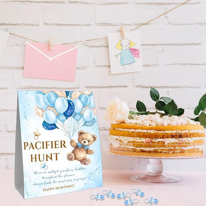 Winnie Pacifier Hunt Sign, Mini Pacifiers Baby Shower Game Set 50Pcs Blue