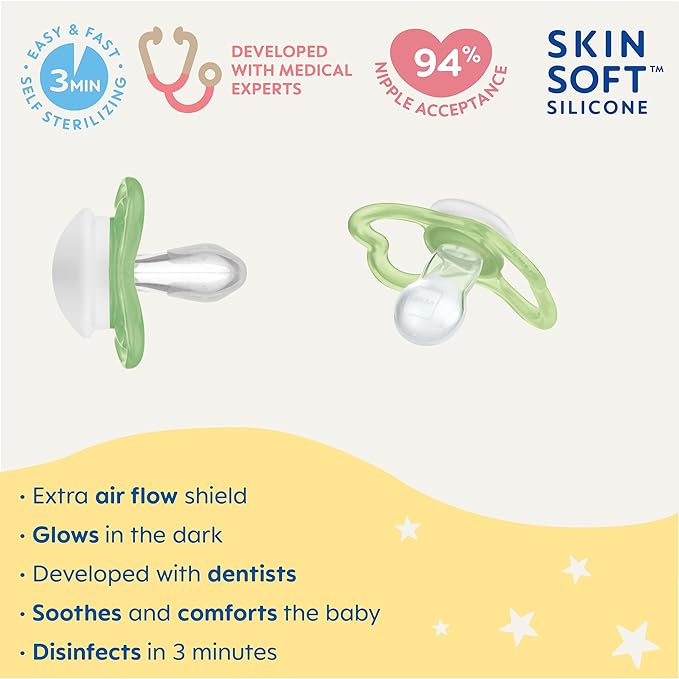 MAM Air Night Pacifiers (1 Sterilizing Pacifier Case), MAM Sensitive Skin Pacifier 6+ Months 6-16 (Pack 2)