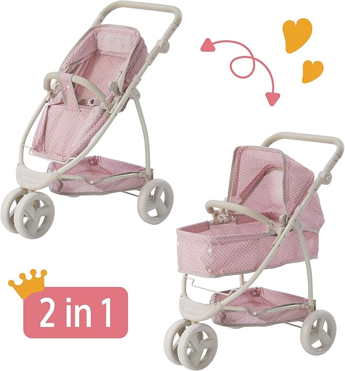 Olivia's Little World 2-in-1 Convertible Baby Doll Stroller with Retractable Canopy, All-Terrain Wheels