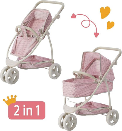 Olivia's Little World 2-in-1 Convertible Baby Doll Stroller with Retractable Canopy, All-Terrain Wheels