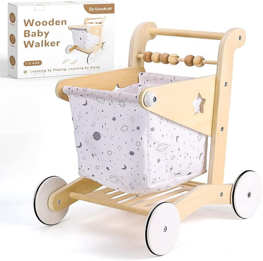 Wooden Baby Walker Doll Stroller | Adjustable Speed Shopping Cart for Toddlers 1-3