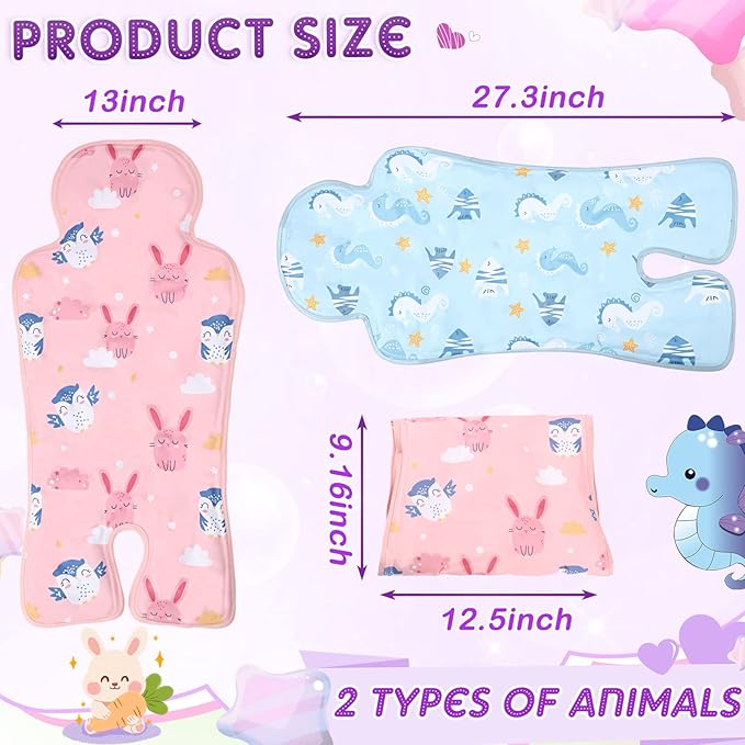 Qunclay 2 Pcs Gel Car Seat Cooler Pad for Baby Cooling Pad for Stroller Breathable Universal Car Cooler Mat Multifunctional Baby Stroller Seat Liner Cushion Chair(Rabbit, Seahorse)