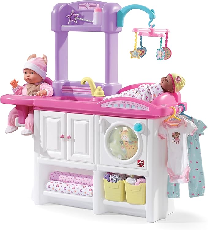 Step2 Love & Care Deluxe Baby Doll Nursery Playset for Kids, Compact Changing Station & Crib, Made of Durable Plastic, Includes Toy Accessories, For Toddlers 2-6 Years Old, Pink
