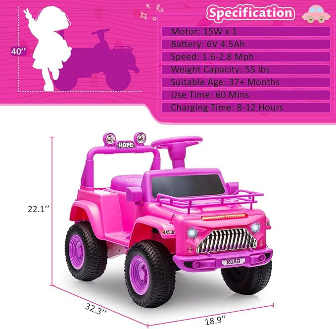 Hetoy 6V Ride On Car for Toddlers - Battery Powered Electric Car for Kids with Music, LED Light 4 Wheels 3-6 Years,