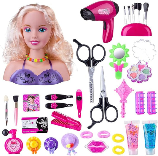 Makeup and Hair Styling Doll Head Toy Kit - 35Pieces Kids Pretend Play Set with Hair Dryer Washable Cosmetics Style Accessories, Makeup Practice Birthday Gifts for Girls