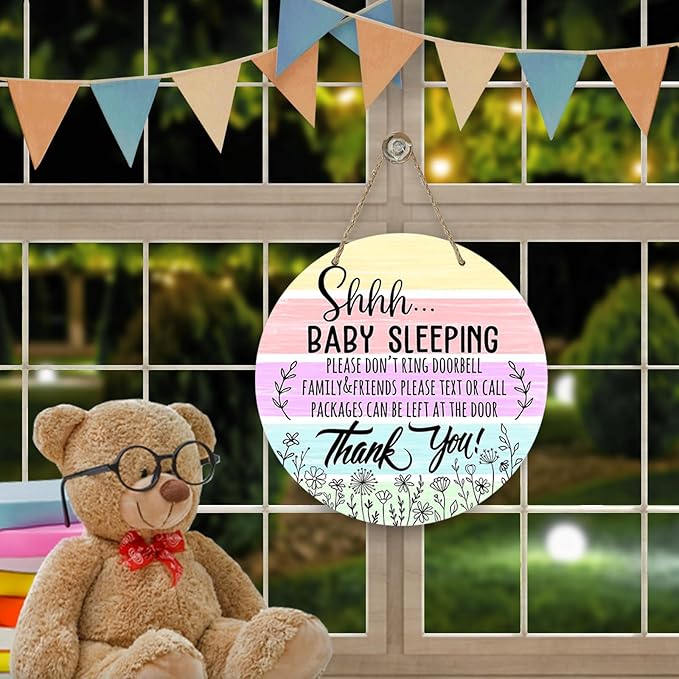 Deroro Shhh Baby Sleeping Watercolor Front Door Sign, Please Don't Ring Doorbell Wood Door Hanger Outdoor Outside Porch Baby Room Decor