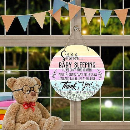 Deroro Shhh Baby Sleeping Watercolor Front Door Sign, Please Don't Ring Doorbell Wood Door Hanger Outdoor Outside Porch Baby Room Decor