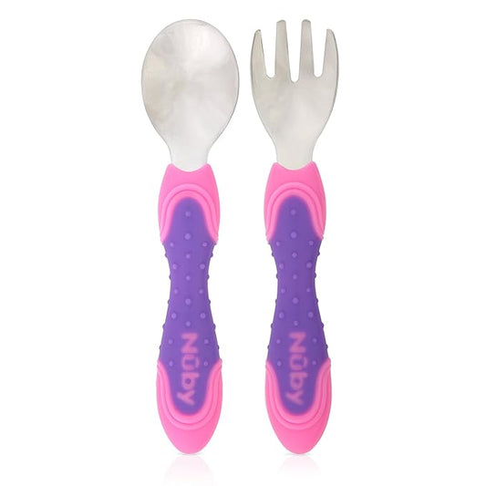 Nuby Stainless Steel Utensil, Pink/Purple, 2 Piece