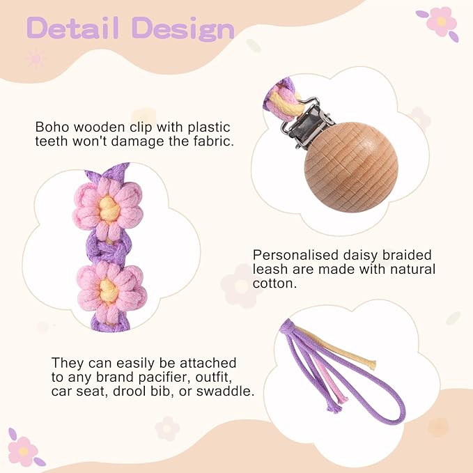Pacifier Clip for Boys Girls Floral Daisy Macrame Paci Clip