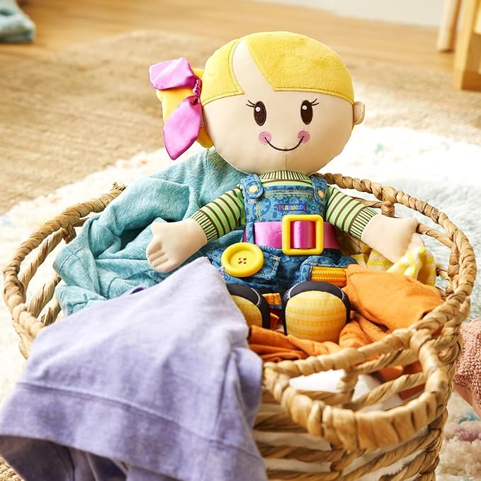 Playskool Dressy Kids Doll with Blonde Hair and Bow, Activity Plush Toy with Zipper 2 and