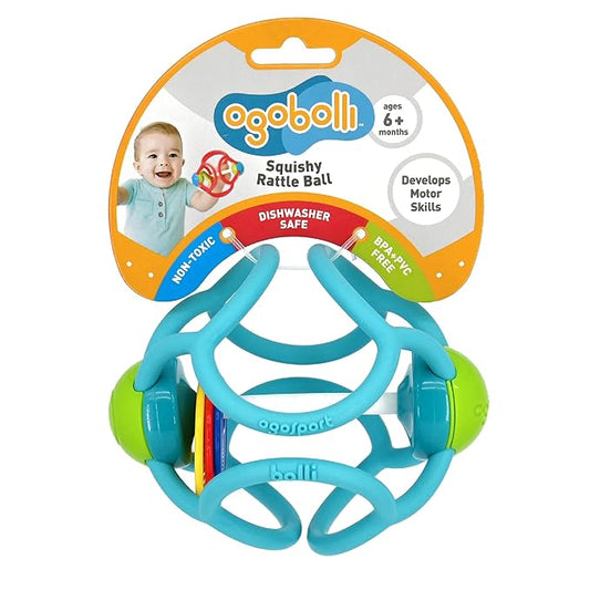 OgoBolli Teether Ring Tactile Sensory Ball and Baby Rattle Toy for Babies & Toddlers - Stretchy, Squishy 6+ Months