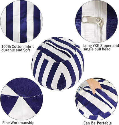 Miaowater 2 PCS Stuffed Animal Storage Bean Bag Chair Cover, Cotton Canvas Beanbag with Zipper for Organizing Kid's and Adults Room Vertical Stripe Blue 24"