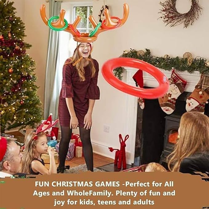 Inflatable Reindeer Antler Toss Headband Game Christmas Toy, for Kids Adults Family Christmas Party Favors Outdoor Indoor Ring Toss Xmas Games 2 Antlers 8 Rings 1 Air