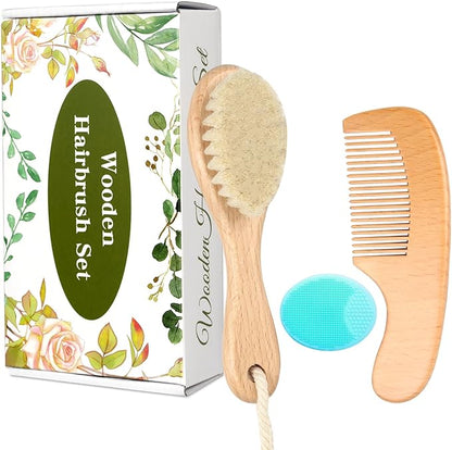 Wooden Baby Hair Brush and Comb Set, 3Pcs Natural Soft Goat Bristles Brush Cradle Cap Comb Baby Shower Scrubber Perfect Scalp Grooming Product for Newborns, Toddlers, Infant (Green)