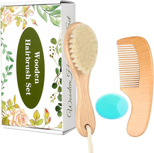 Wooden Baby Hair Brush and Comb Set, 3Pcs Natural Soft Goat Bristles Brush Cradle Cap Comb Baby Shower Scrubber Perfect Scalp Grooming Product for Newborns, Toddlers, Infant (Green)