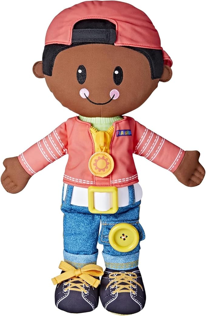 Playskool Dressy Kids Doll with Black Hair and Hat, Activity Plush Toy with Zipper 2 and