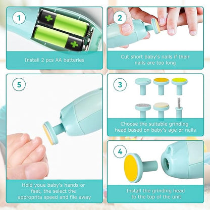 Baby Nail Electric Trimmer, Trim Polish Grooming Kit with 6 Grinding Head and LED Light, Safe Nail Clippers Nail File Kit for New Born Infant Toddler or Adults Toes and Fingernails (Green)