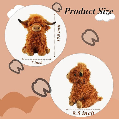 Highland Cow Stuffed Animals,Cute Fluffy Stuff Cow Plush Realistic Scottish Cattle Animals Toys Birthday Festival Presents for Girls Audults Kids Boys Toddler (Brown Cows 10.6 inch)