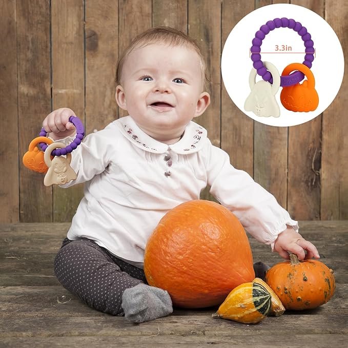 Silicone Teething Ring Toy, Halloween Baby Teether Toys with Rattles Pumpkin and Ghost 3-6-12 Months