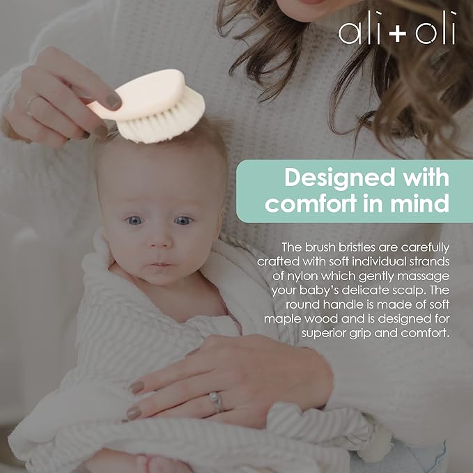 Ali+Oli Newborn Wooden Hair Brush- Baby Brush Set for Newborns- Baby Hair Brush with Mini Loofah- Infant Hair Brush, Cradle Cap, Wooden Baby Brush with Soft Goat Bristle
