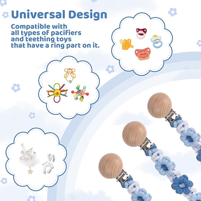 Pacifier Clip for Boys Girls Floral Daisy Macrame Baby Paci (1pack:Blue Daisy