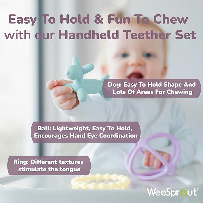 WeeSprout Handheld Teether Set (Matte Green, Pink & Off White)