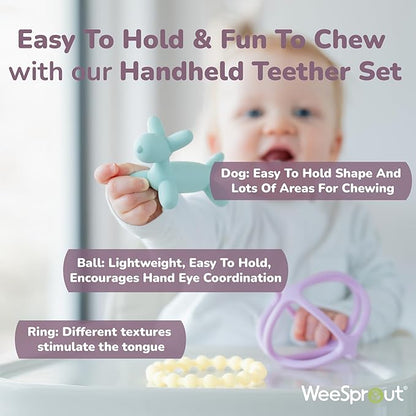 WeeSprout Handheld Teether Set (Matte Green, Pink & Off White)