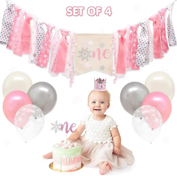Winter Onederland Highchair Banner, Snowflake One Cake Topper Crown Hat Latex Balloons For Baby Girls Winter First Birthday Party Decorations 4
