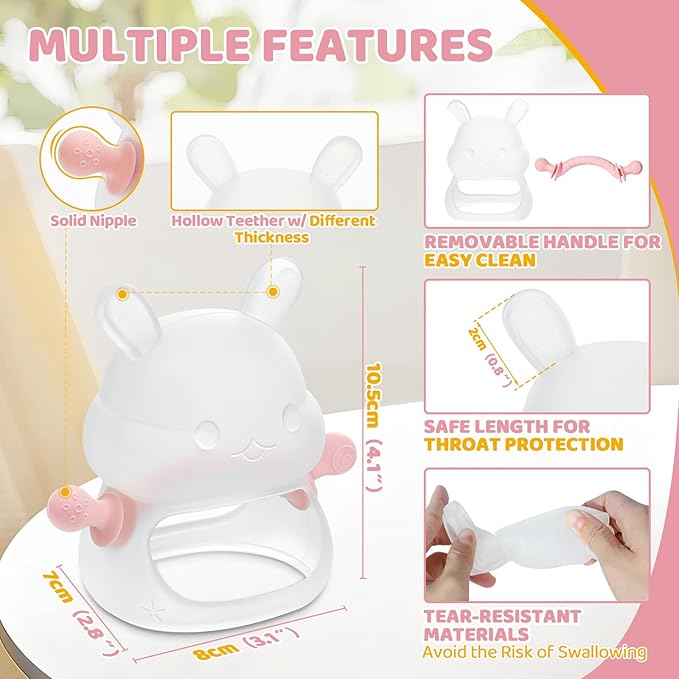 Orzbow Bunny Teething Toys for 3-12 months Baby Teether Bpa Free Food Grade Silicone, Easy to Grip Anti-Drop Hand Teething Mitten