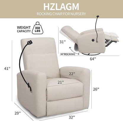 Power Swivel Glider Chair Nursery, Swivel Rocker Recliner with USB Ports, Rocking Chair with Microfiber Leather, Waterproof, Living Room, Nursery - Beige