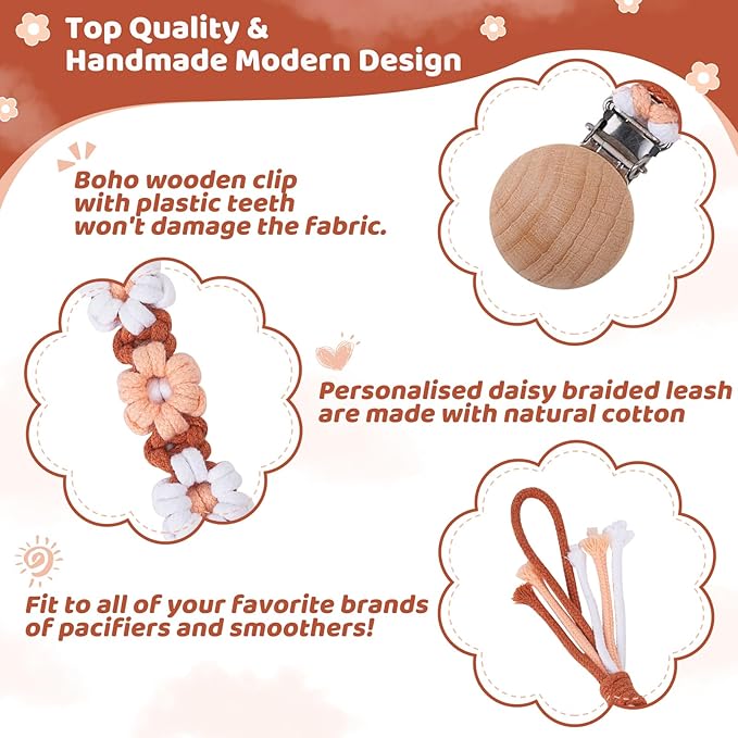 Pacifier Clip for Boys Girls Floral Daisy Macrame Baby Paci (1pack:Caramel Style