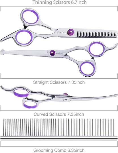 Professional Dog Grooming Scissors with Safety Round Tips, 5 in 1 Dog Grooming Scissors Kit, 4CR Stainless Steel Pet Grooming Shears for Dog, Cat,Sharp and Sturdy, Purple