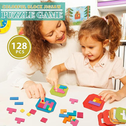 Block Jigsaw Puzzle Games, 128 Pcs Colorful 3D Creative Desktop Wooden Puzzle Game Kids Tangram Math Toys Building Blocks Board, Montessori Puzzle Toys for Kids, Tangram Toy Educational Toys