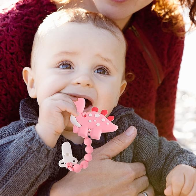 Baby Teething Toys for Babies 3-6 6-12 Months, Dinosaur Teether Pain Relief Toy with One Piece Design Pacifier Clip Holder Set