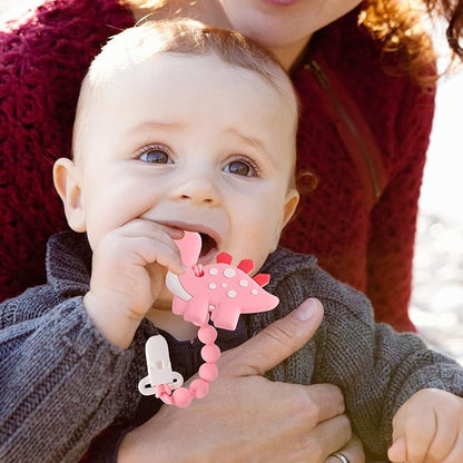 Baby Teething Toys for Babies 3-6 6-12 Months, Dinosaur Teether Pain Relief Toy with One Piece Design Pacifier Clip Holder Set