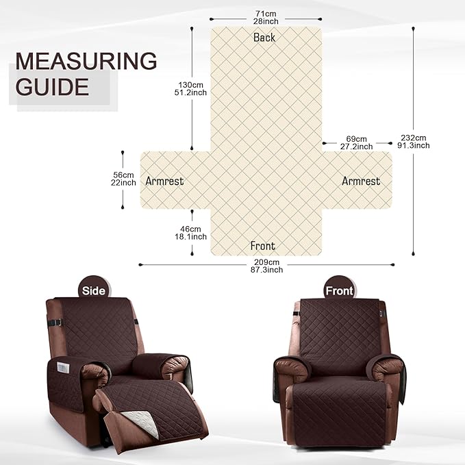 KinCam 100% Waterproof Recliner Chair Cover, Reclining Couch Covers for Pets, Dogs, Recliner Couch Slipcover Furniture Protector with Elastic Straps for Kids(28", Coffee)
