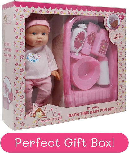 Baby Doll Bath Set with Bathtub & Playtime Accessories – Bath Time Playset for Kids, Girls 12” Doll, 8pc Pink 3+…