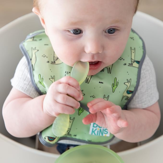 Bumkins Baby Bowl, Silicone Feeding Set with Suction for Baby and Toddler, Includes Spoon and Lid, First Feeding Set, Training Essentials for Baby Led Weaning for Babies 4 Months Up, Green Jelly