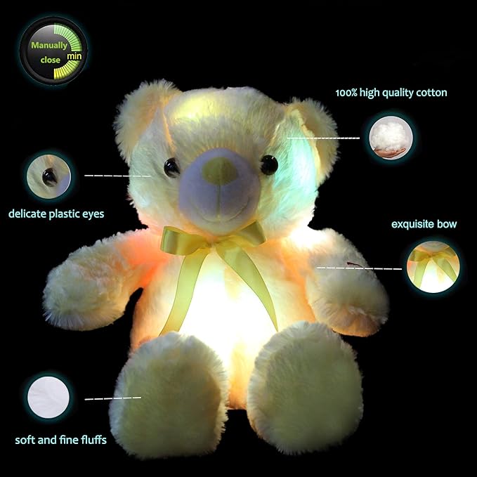 LED Teddy Bears Stuffed Animals, Cute Yellow Glow Bear Plush Toys Creative Colorful Luminous Light Up Doll Gifts for Bedroom Valentine,18 inch