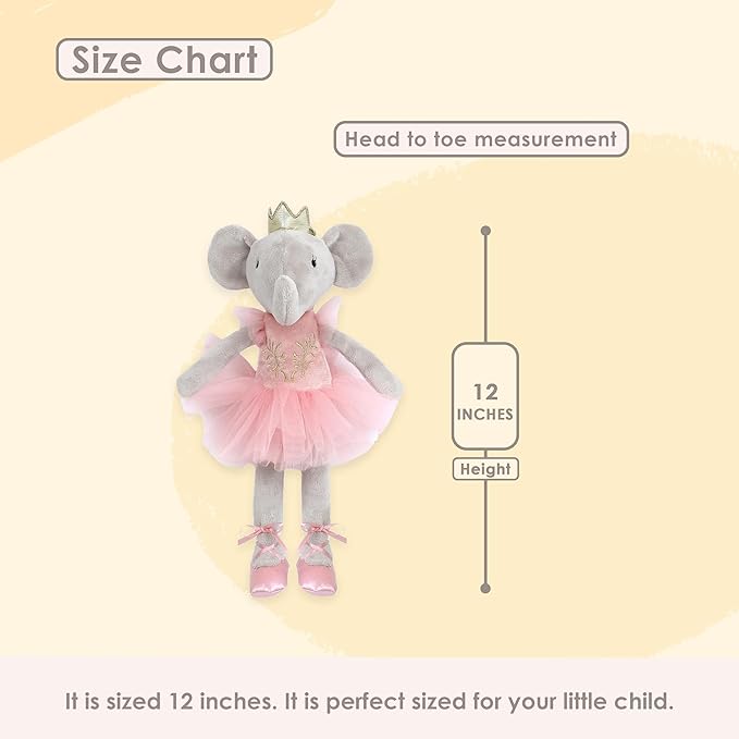 MON AMI Princess Evelyn The Elephant Plush Stuffed Doll – 12”, Cute Elephant in Tulle Dress