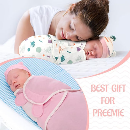 Buryeah 4 Pack Preemie Swaddle Blanket Wrap Set with Hat for Baby Boys Girls 3-7 Lbs Preemie Newborn Clothes Sleepers Cap