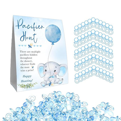 51Pcs Cute Elephant Decor Baby Shower Games, Include Baby Pacifier Hunt Sign and 50 Blue Mini Pacifiers