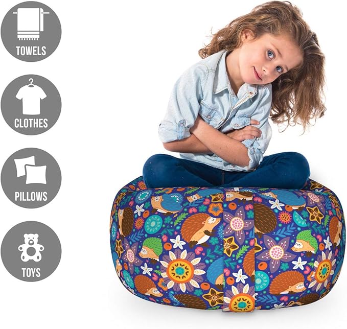 Lunarable Animal Storage Toy Bag Chair, Cartoon Hedgehogs Living in Fantasy Forest Pattern with Flowers Branches Leaves, Stuffed Animal Organizer Washable Bag, Small Size, Blue Orange