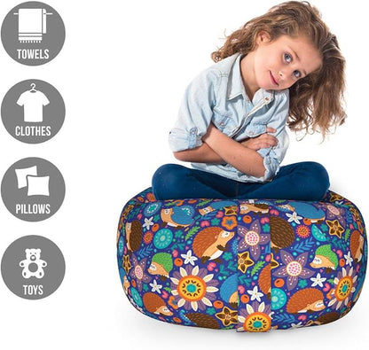 Lunarable Animal Storage Toy Bag Chair, Cartoon Hedgehogs Living in Fantasy Forest Pattern with Flowers Branches Leaves, Stuffed Animal Organizer Washable Bag, Small Size, Blue Orange
