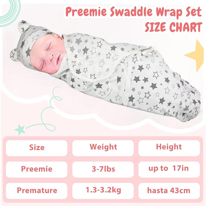 Buryeah 4 Pack Preemie Swaddle Blanket Wrap Set with Hat for Baby Boys Girls 3-7 Lbs Preemie Newborn Clothes Sleepers Cap