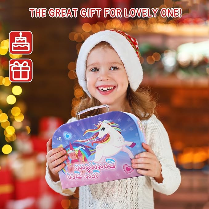 Dollox Kids Tea Party Playsets for Little Girls, Pretend Tin Teapot Set Princess Tea Time Toys Playset with Teapot, Cups, Plates and Carrying Case Birthday Gifts Ideas for Age 3 4 5 6 Years Old Girls