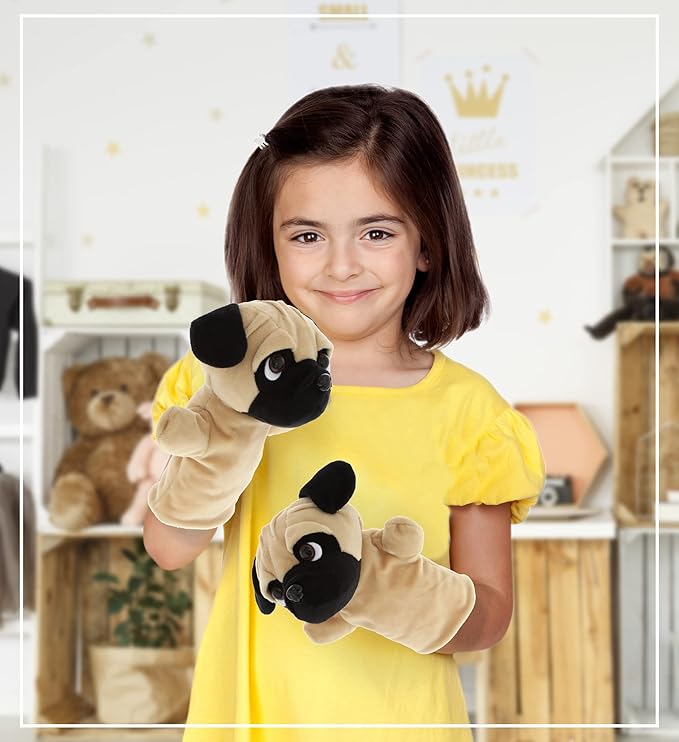 DolliBu Pug Dog Hand Puppet - Super Soft Plush Pug Stuffed Animal Hand Puppets for Kids, Cute Educational Pug Hand Puppets for Adults Teaching and Story Telling Puppet Show Theater Games 8.5 Inches