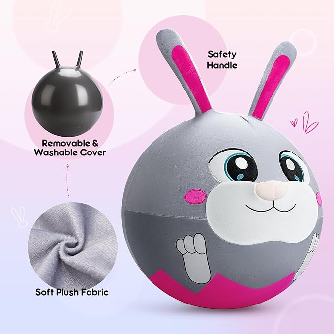 Hopper Ball - Inflatable Bunny Jumping Ball- Rabbit Plush Hippity Hop Toys for Kids, 18 Inch Bouncy Ball with Handle for Boys Girls Aged 3-8